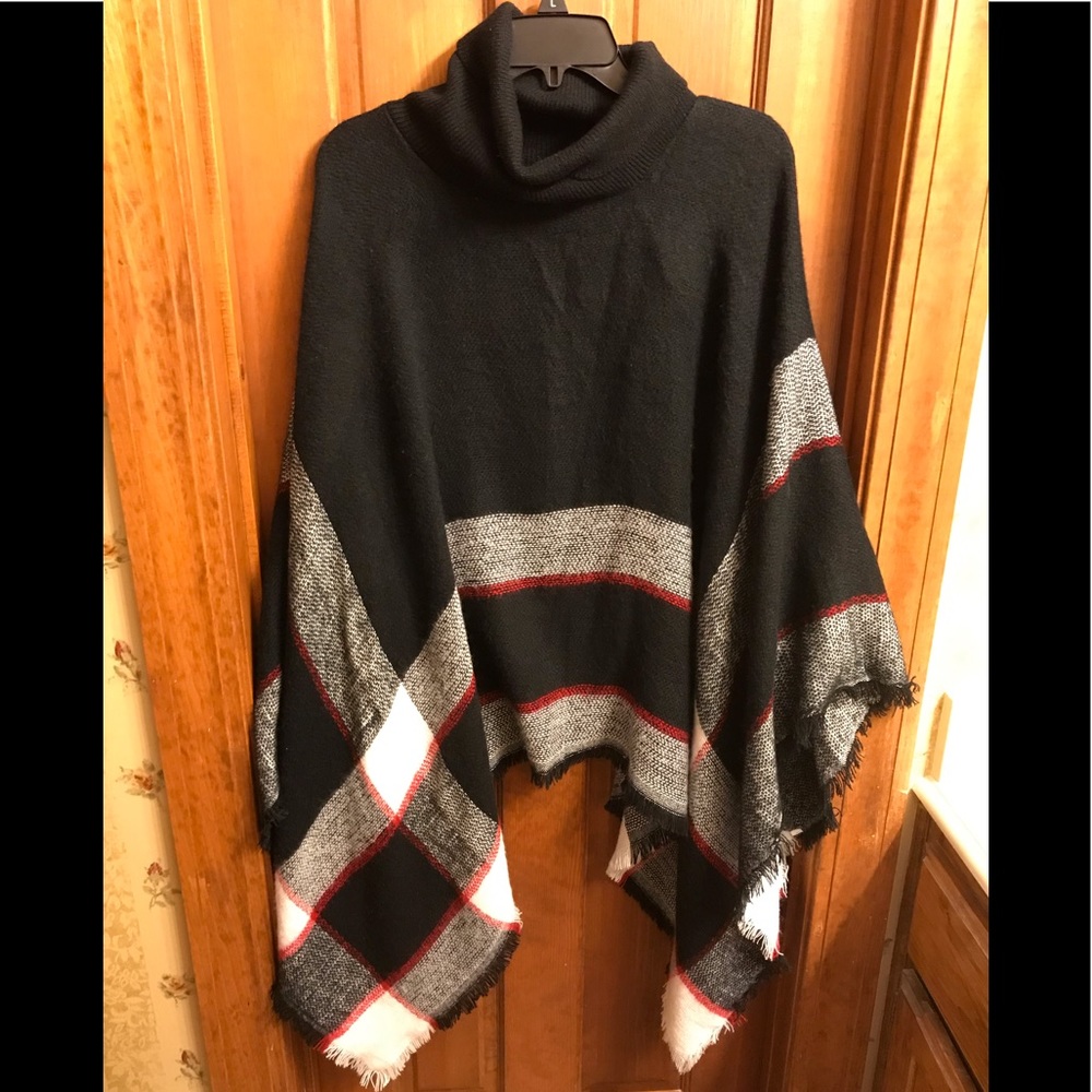 Cowl neck poncho. OS. Black, red, white. Like new.